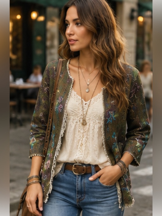 Signals Sweaters - Signals Floral Tapestry Open Front Jacket L Boho Fringe Embroidered Cardigan